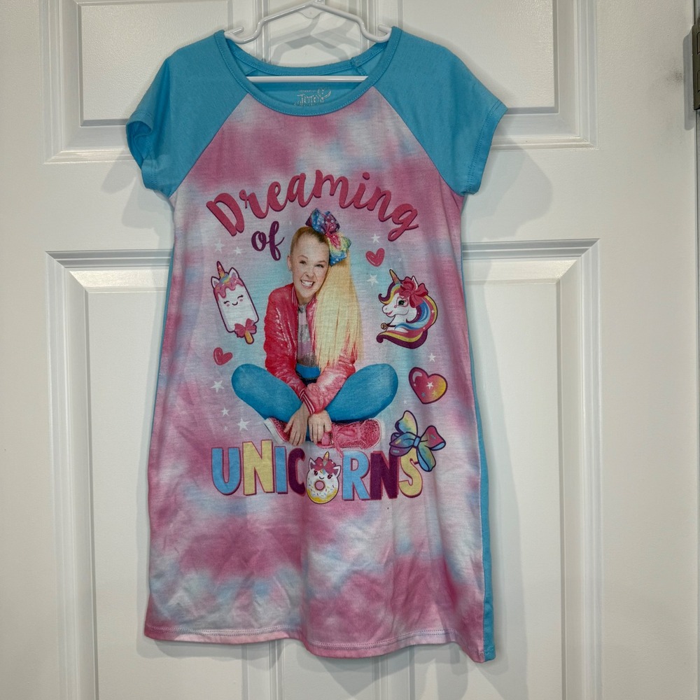 JoJo Siwa Girls Pajama Nightgown Dreaming of Unicorns Pink Tie Dye Size 6/6X